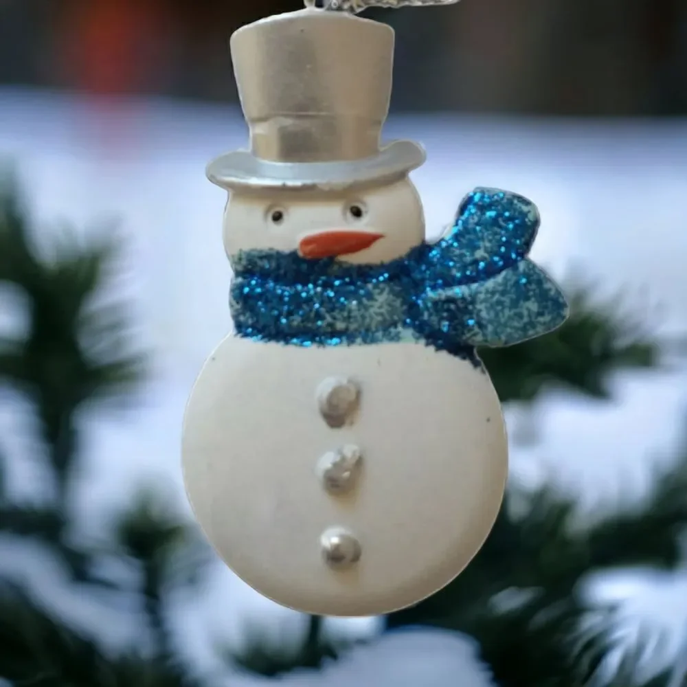 Snowman Ornament Glitter Acrylic Blue White Frosty Winter Snow Whimsical Holiday